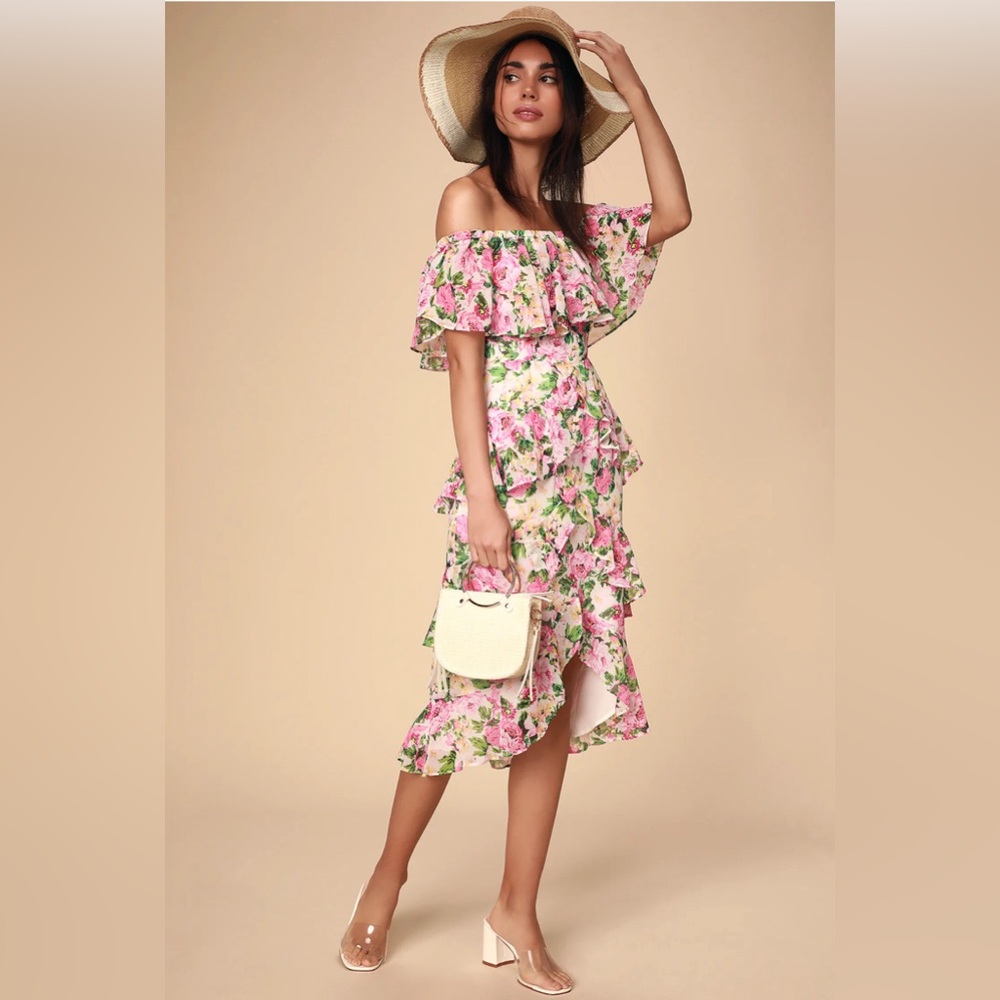WAYF dress Lira Floral Print Ruffled Off-the-shoulder midi dress size L